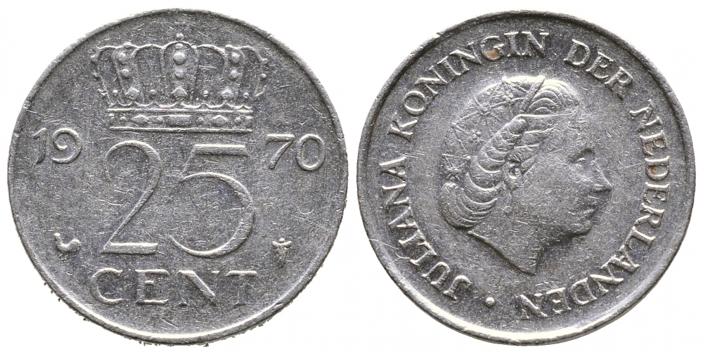 НИДЕРЛАНДЫ 25 ЦЕНТОВ 1970 ЮЛИАНА KM 183 никель 4390-436