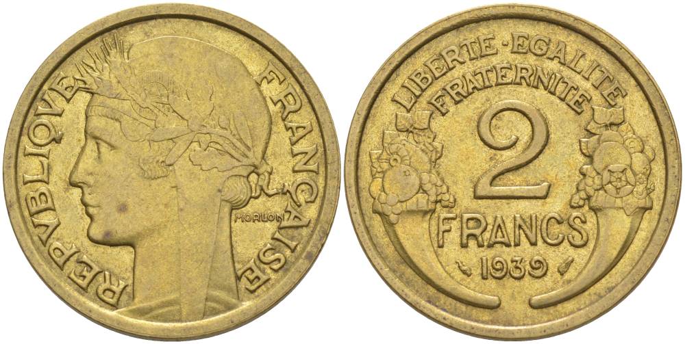 ФРАНЦИЯ 2 ФРАНКА 1939 ТИП MORLON KM 886, LE FRANC 268.12 алюминиевая бронза 3855-141
