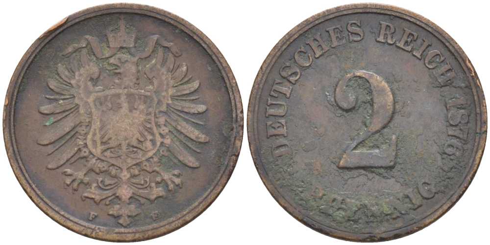ГЕРМАНИЯ 2 ПФЕННИГА 1876 F, СТАРОГЕРБОВКА KM 2, J. 2 медь 175-242