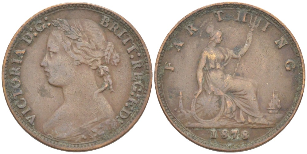 Великобритания 1 фартинг 1878 Виктория (1837-1901) KM 753, Spink 3958 бронза 4543-857