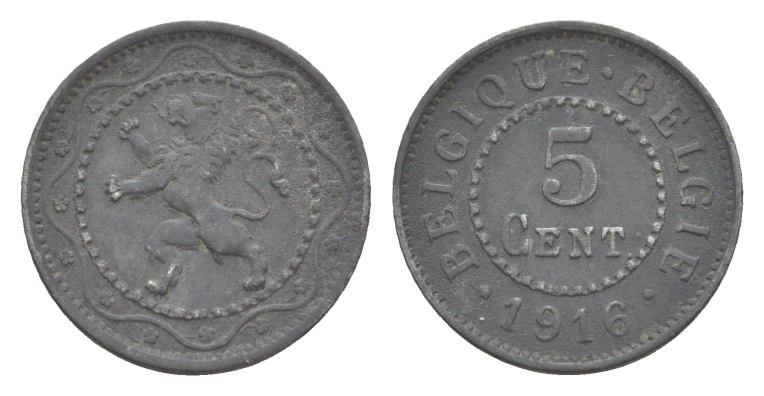Бельгия 5 сантимов 1916 германская оккупация первая мировая война, Альберт I (1910-1934) KM 80 цинк 4169-133