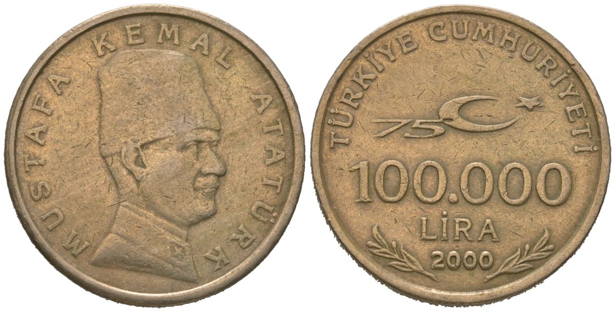 Турция 100000 лир 2000 75 лет республике, Мустафа Кемаль Ататюрк KM 1078 медь цинк никель 4620-516