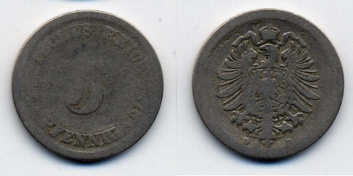 ГЕРМАНИЯ 5 ПФЕННИГОВ 1876 B, СТАРОГЕРБОВКА KM 3, J.3 медно-никель 46-1759
