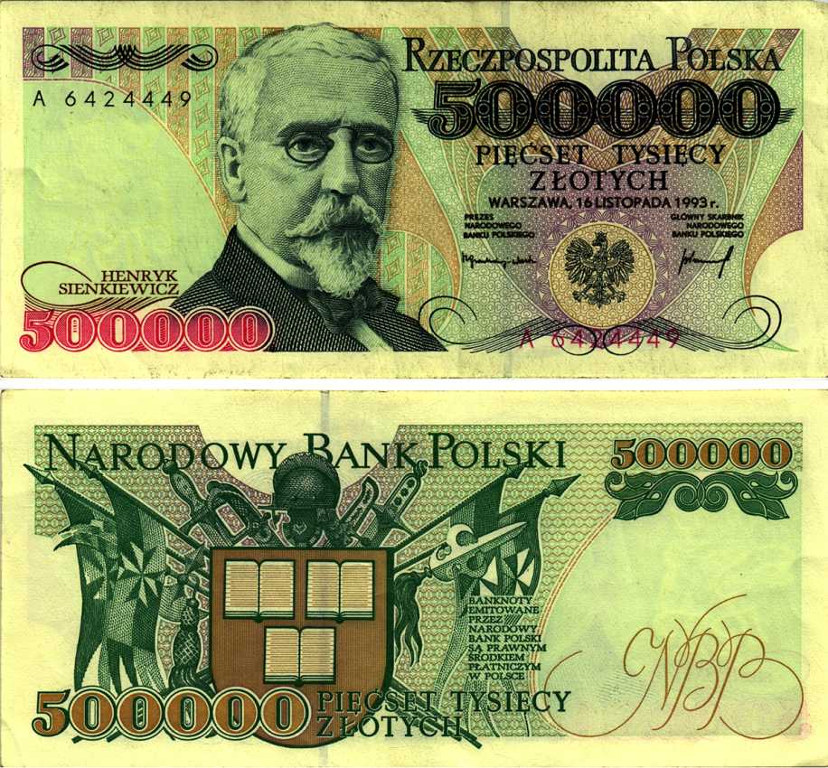 ПОЛЬША 500000 ЗЛОТЫХ 1993 ГЕНРИК СЕНКЕВИЧ Pick 161а бумага XF 6352-29-3-1