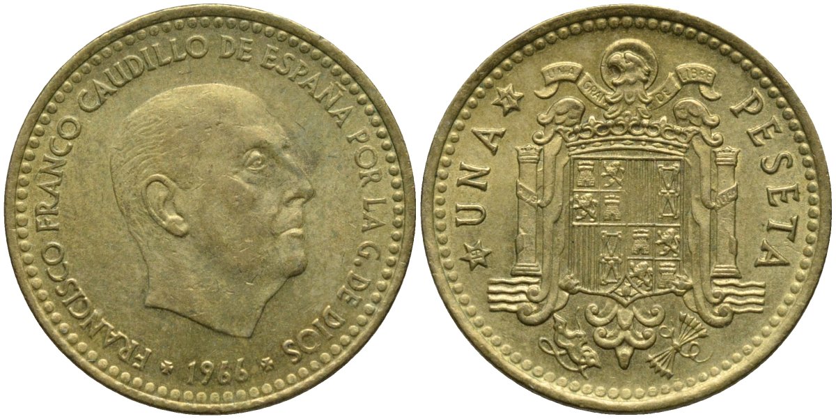 Испания 1 песета 1966 (71) Франсиско Франко (1939-1975) KM 796 алюминиевая бронза 4171-447
