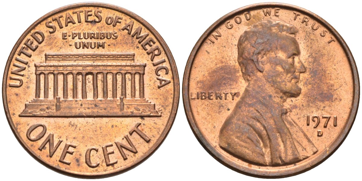 США 1 цент 1971 D, Линкольн KM 201 медь цинк 4115-913