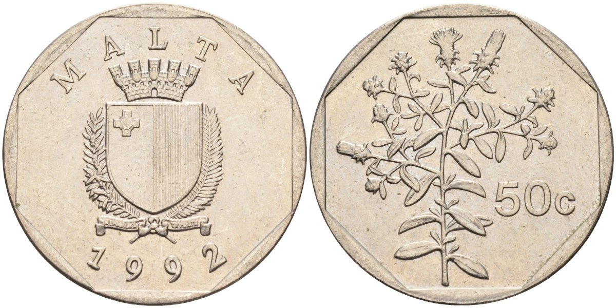 Мальта 50 центов 1992 девясил KM 98 медно-никель 213-624