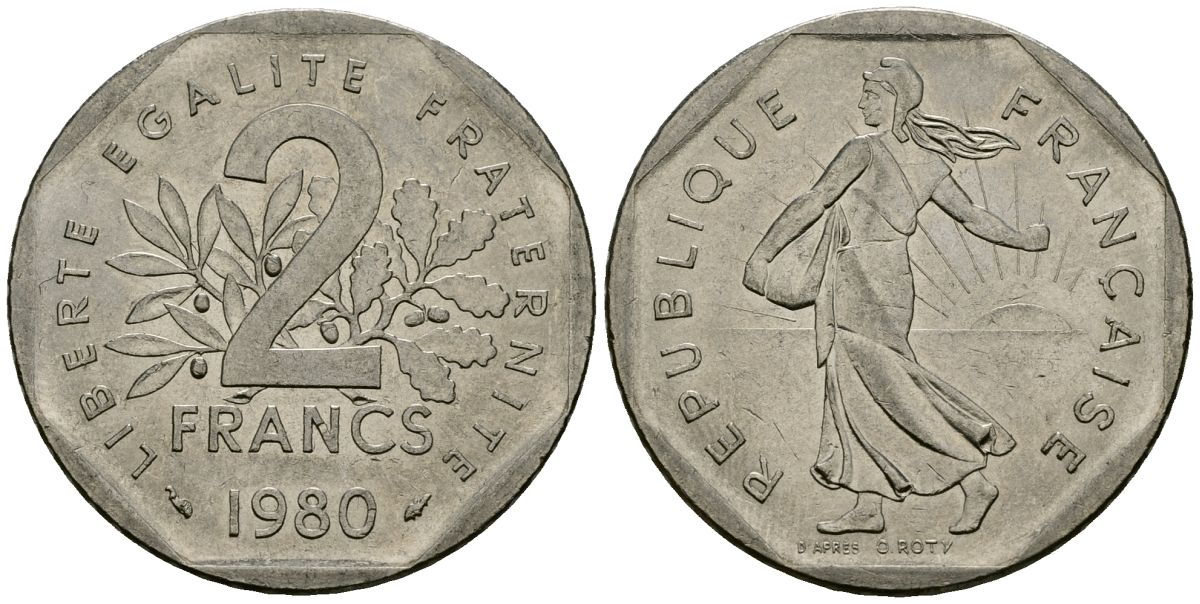 Франция 2 франка 1980 сеятель KM 942.1 никель 4120-421