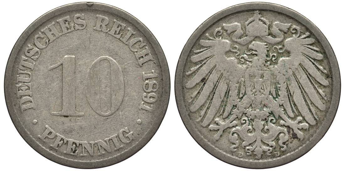 ГЕРМАНИЯ 10 ПФЕННИГОВ 1891 D KM 12, Jager 13, Weege 8 медно-никель 4513-647