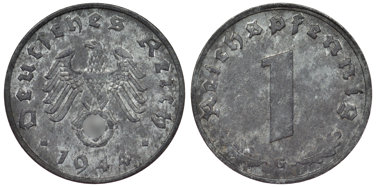 Германия 1 рейхспфенниг 1944 G KM 97, J. 369 цинк 4124-242