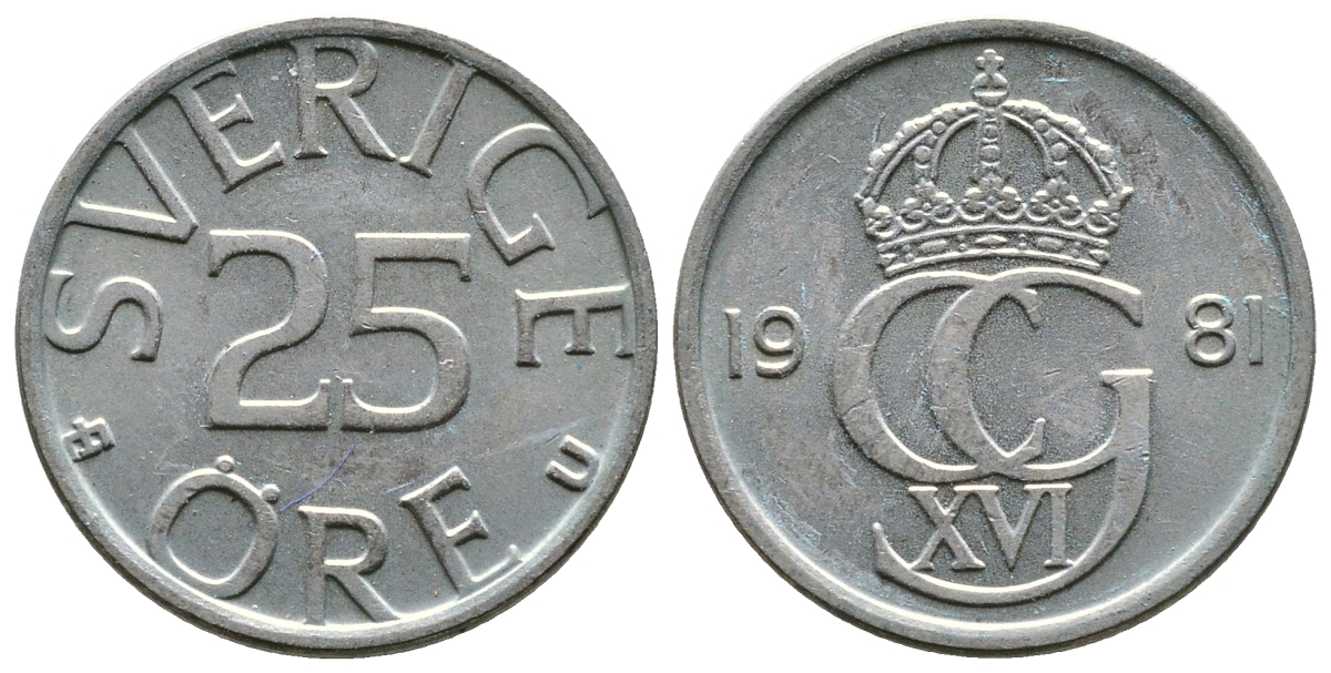 Швеция 25 эре 1981 U Карл XVI Густав (1973- ) KM 851 медно-никель 176-647