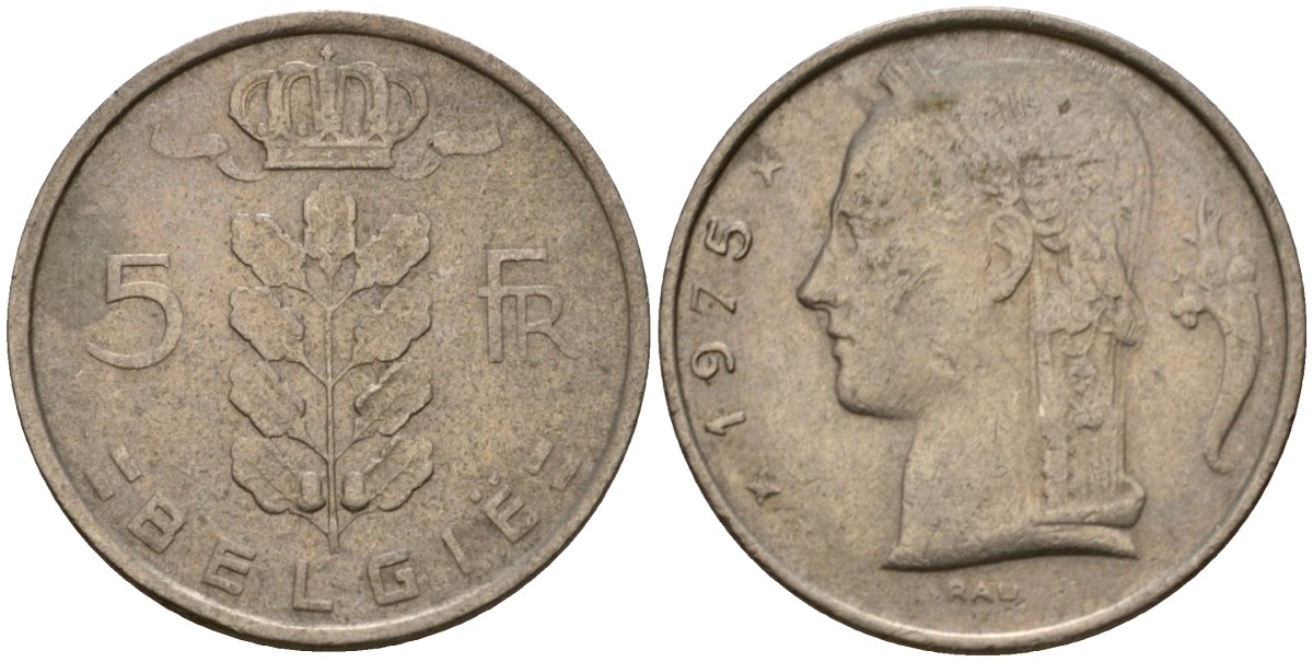 Бельгия 5 франков 1975 Belgie, Бодуэн I (1951-1993) KM 135.1 медно-никель 4395-345