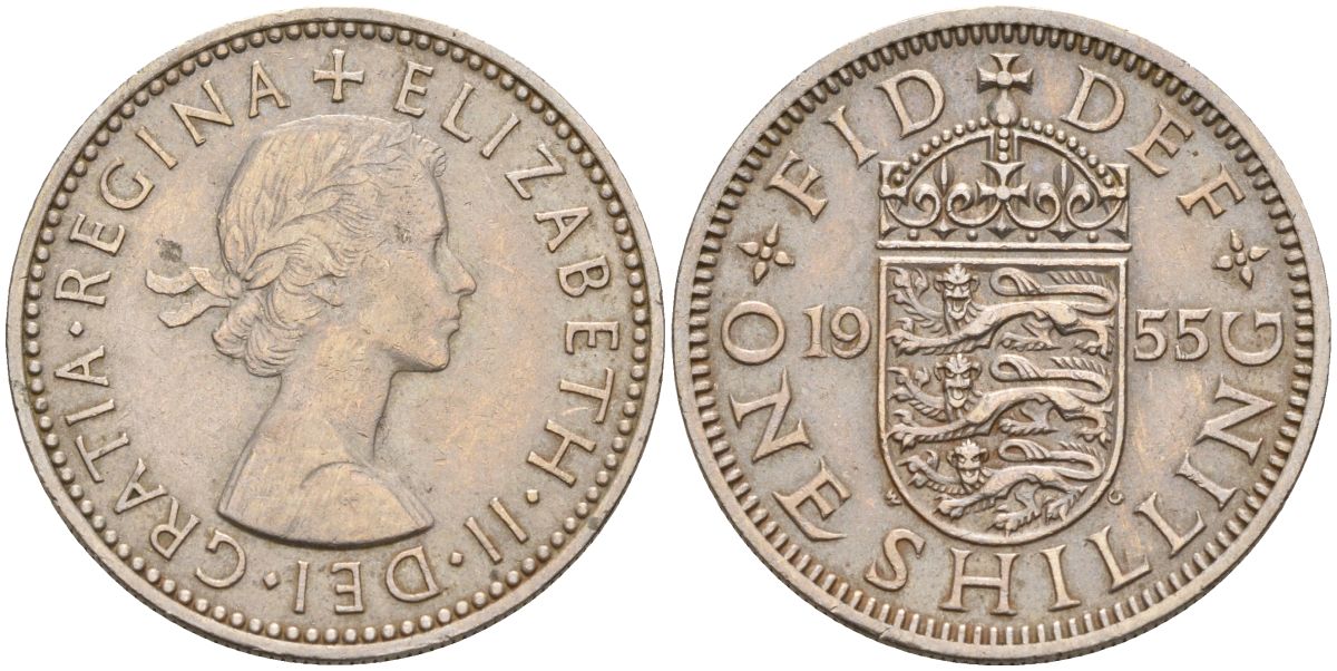 Великобритания 1 шиллинг 1955 Елизавета II (1952-2022), Английский герб KM 904, Spink 4147 медно-никель 4153-912