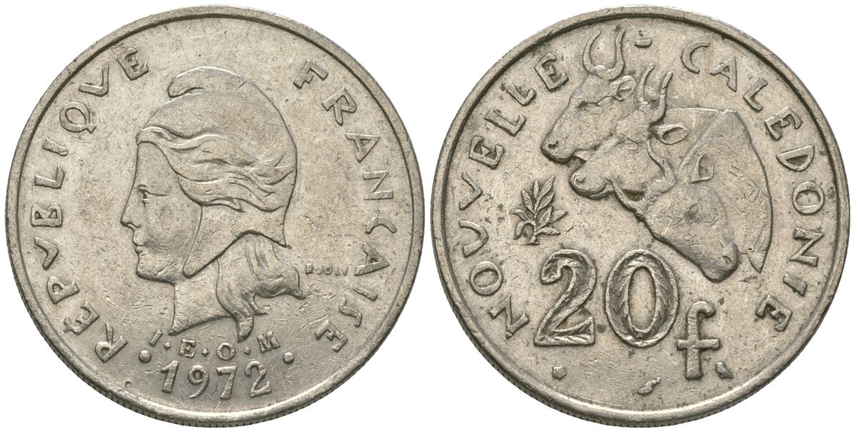 Французская Новая Каледония 20 франков 1972 три быка, (IEOM) KM 12, Schoen 14, Lec 106 никель 69-415
