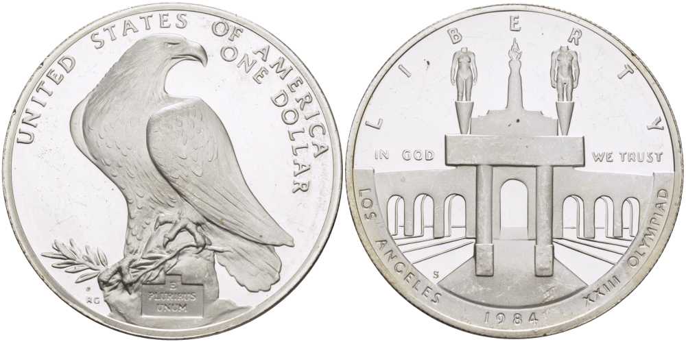 США 1 доллар 1984 XXII Олимпийские игры в Лос-Анжелесе, стадион, S KM 210 серебро PROOF 02-109-43