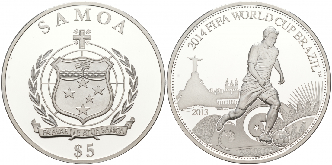 Самоа 5 тала 2013 FIFA, Чемпионат мира по футболу в Бразилии 2014 KM NEW серебро PROOF 11-078-45