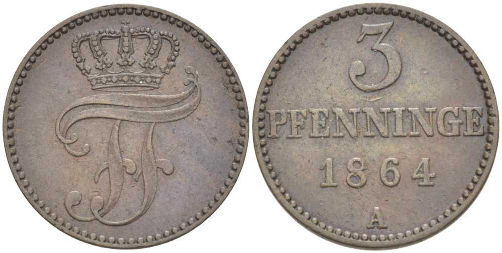 Мекленбург-Шверин 3 пфеннига 1864 А, Фридрих Франц II (1842-1883) Jaeger 56, AKS 48, KM 310 (C101a) медь 4448-1253