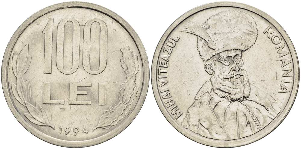 Румыния 100 леев 1994 Михай Храбрый (1558-1601) KM 111 сталь плакированная никелем 4517-641