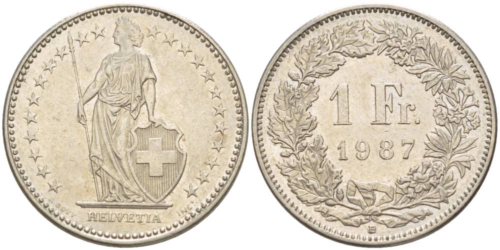 ШВЕЙЦАРИЯ 1 ФРАНК 1987 В KM 24а.3 медно-никель 4544-444