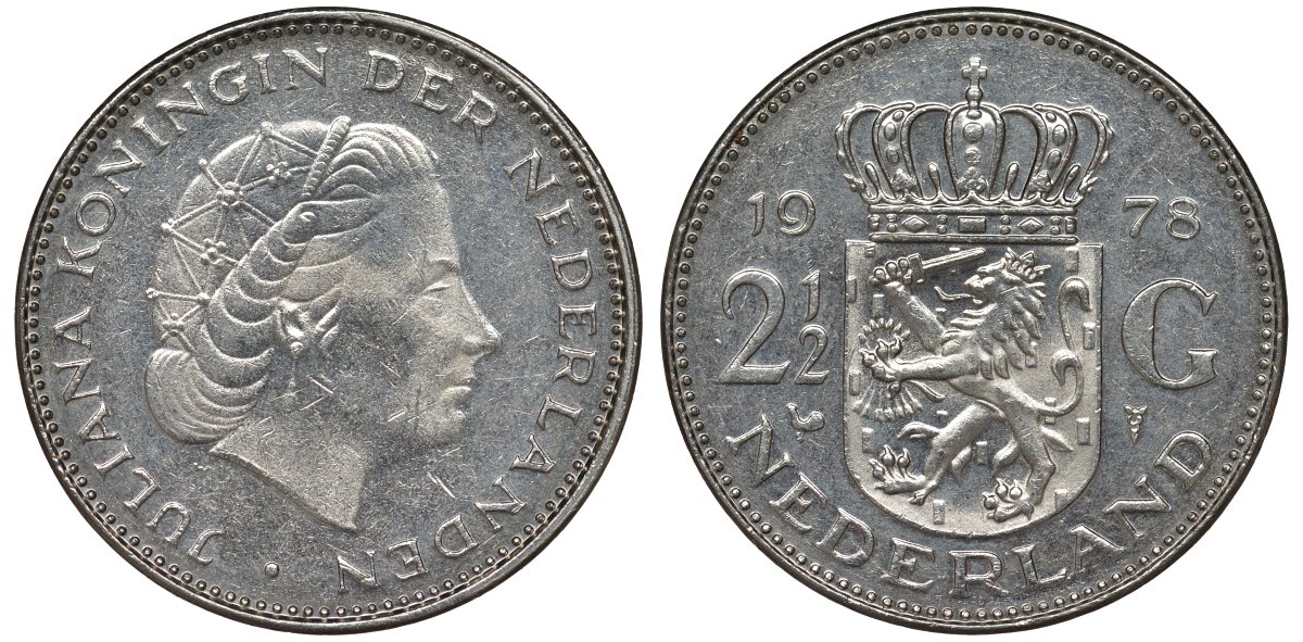 Нидерланды 2 1/2 гульдена 1978 Юлиана (1948-1980) KM 191 никель 4131-132