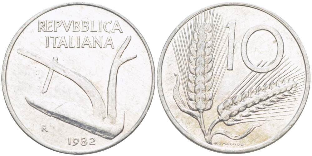 ИТАЛИЯ 10 ЛИР 1982 R, КОЛОСЬЯ, ПЛУГ KM 93 алюминий 4513-1213