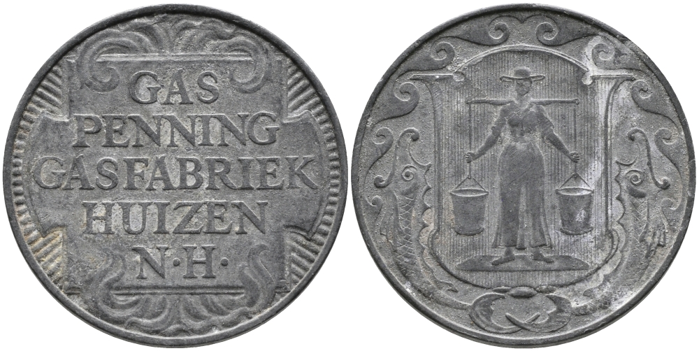 НИДЕРЛАНДЫ ЖЕТОН ND ХЁЙЗЕН ГАЗ ПФЕННИГ, ГАЗОВАЯ ФАБРИКА HUIZEN N.H., ДИАМЕТР 23,5 ММ. цинк 65-1055