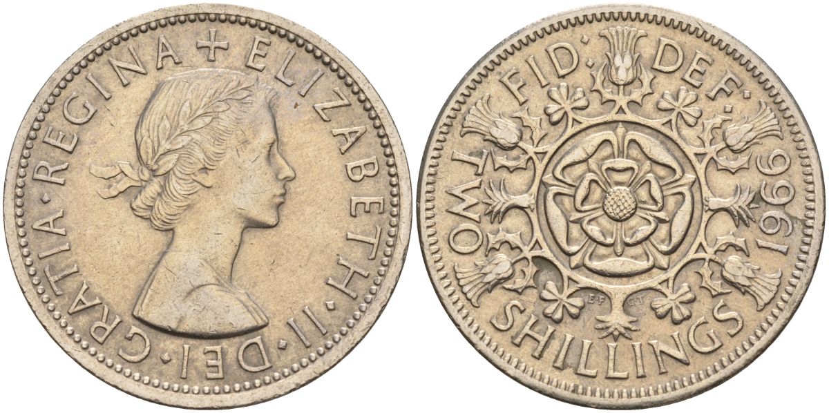 Великобритания 2 шиллинга (флорин) 1966 Елизавета II (1952-2022) KM 906, Spink 4146 медно-никель 4149-832
