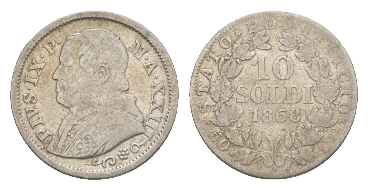 Папская Область 10 сольдо 1868 R, Пий IX (1846-1878) KM 1386 серебро 1520-813