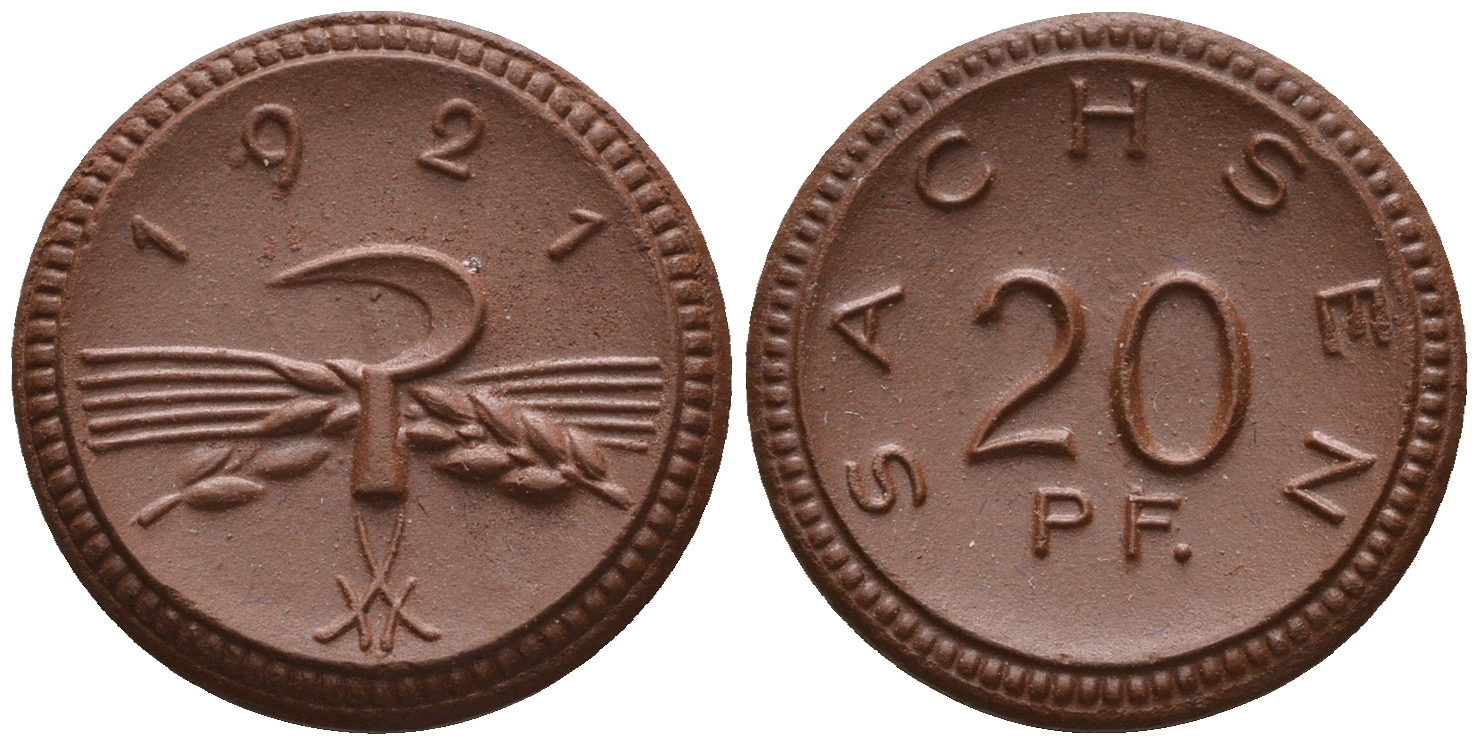 Саксония 20 пфеннигов 1921 колосья и серп J. N 53 фарфор UNC 1094-9-42