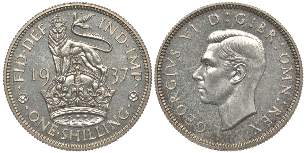 Великобритания 1 шиллинг 1937 Георг VI (1936-1952), Английский герб KM 853, Spink 4082 серебро PROOF 1082-3-41