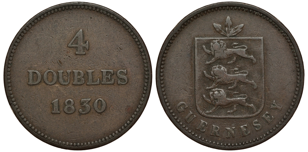 Гернси 4 дабла (дубля) 1830 KM 2 медь 650-1022