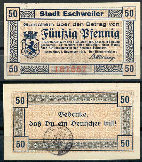 Германия, Эшвайлер 50 пфеннигов 1918 нотгельд, 1.11.1918 бумага UNC (пресс) 8614-46-1-2