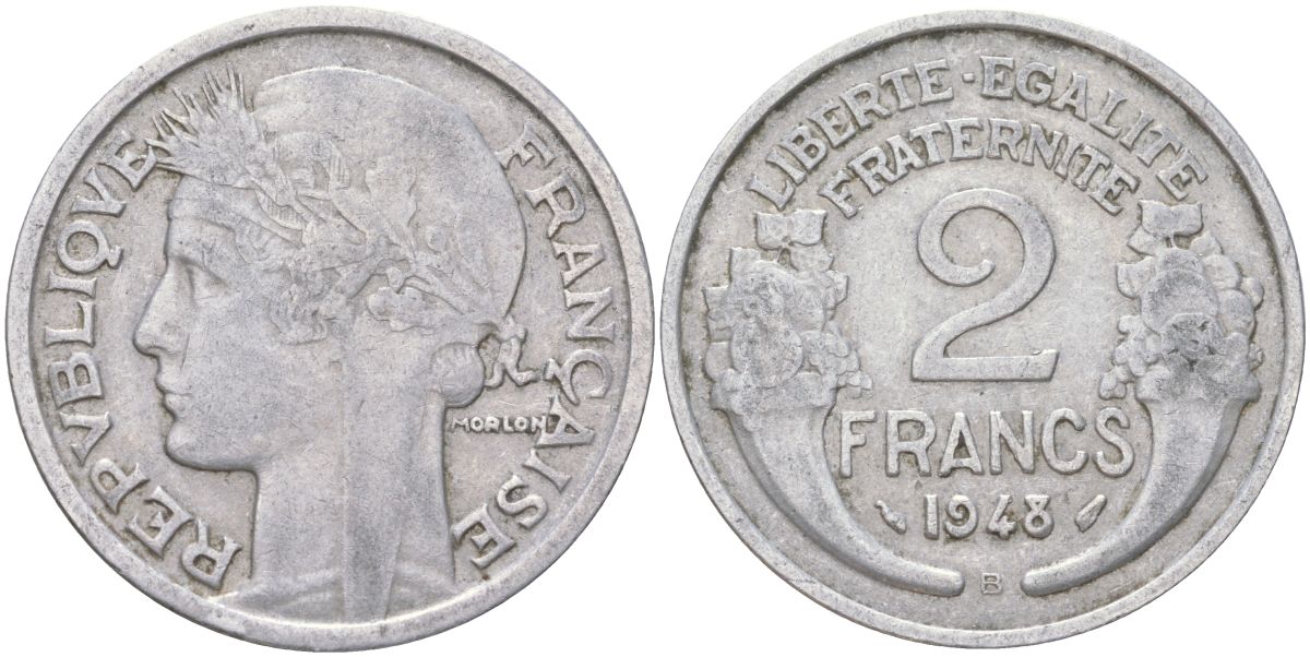 Франция 2 франка 1948 KM 886a.1, Le Franc 269 алюминий 4159-955