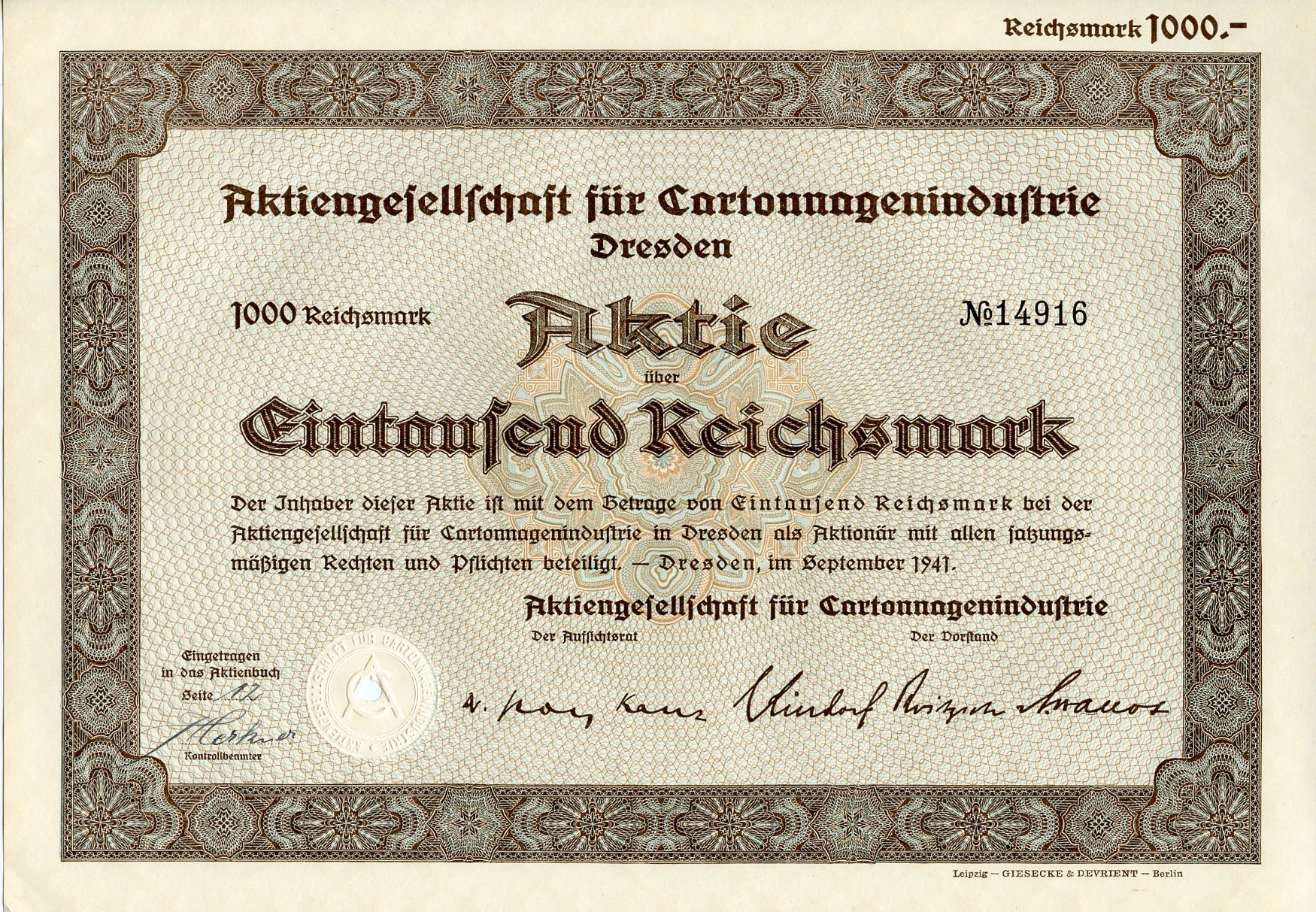 Германия 1000 рейхсмарок 1941 АО картонной промышленности, Дрезден, акция   бумага   8804-93-1
