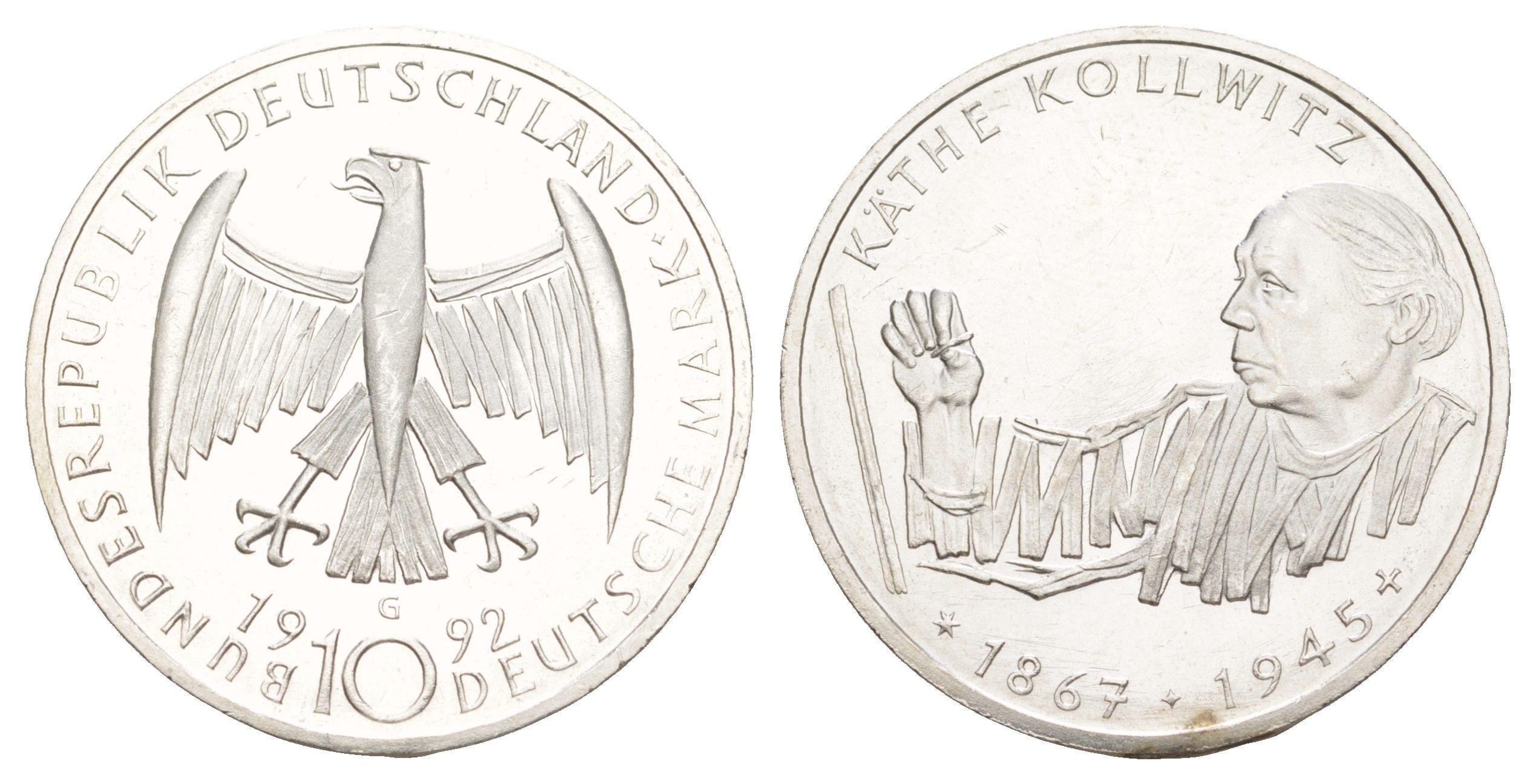 ФРГ 10 марок 1992 G, 125 лет со дня рождения Кете Кольвиц KM 178 серебро UNC 4634-1011