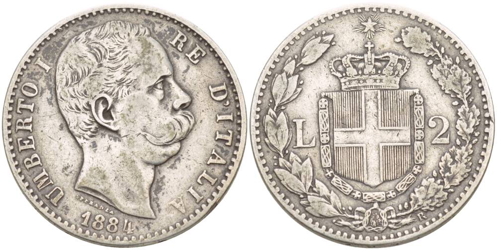 Италия 2 лиры 1884 R, Умберто I (1878-1900), монетный двор Рим KM 23 серебро 55-131