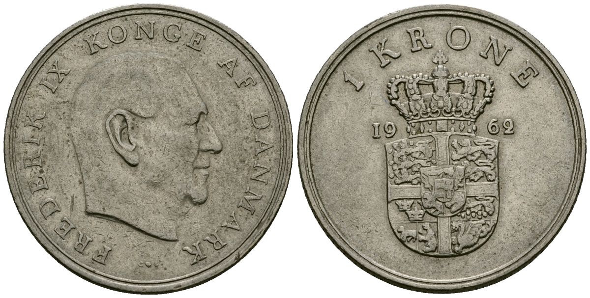Дания 1 крона 1962 C; S, Фредерик IX (1947-1972) KM 851 медно-никель 4138-817