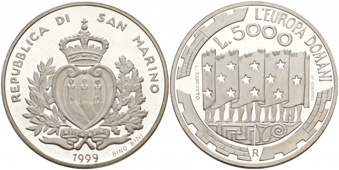 Сан-Марино 5000 лир 1999 Европа завтрашнего дня KM 410 серебро PROOF 02-069-31
