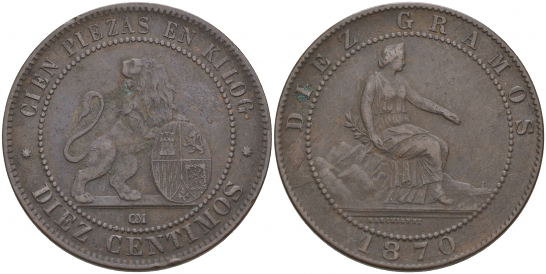 Испания 10 сентимо 1870 ОМ, лев со щитом KM 663 (Y54) медь 69-1014