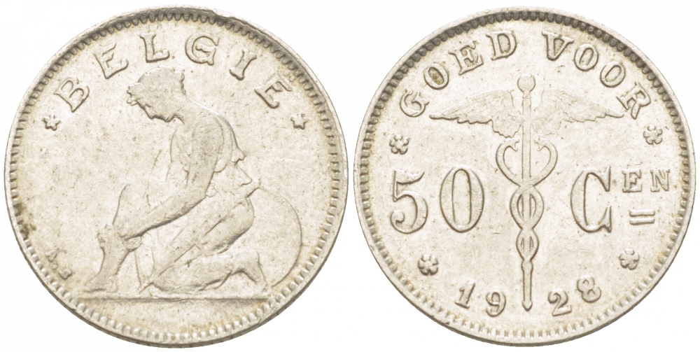 БЕЛЬГИЯ 50 САНТИМОВ 1928 BELGIE KM 88 никель 261-1167