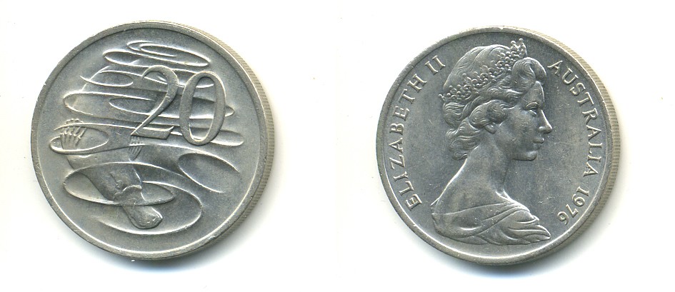 АВСТРАЛИЯ 20 ЦЕНТОВ 1976 ЕЛИЗАВЕТА II, МОЛОДОЙ ПОРТРЕТ, УТКОНОС KM 66 медно-никель UNC 47-314