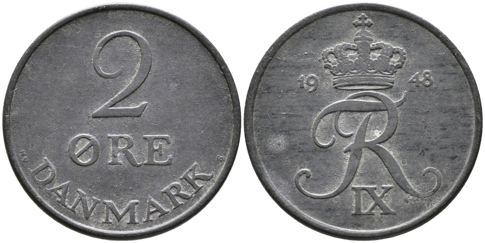ДАНИЯ 2 ЭРЕ 1948 N; S, ФРЕДЕРИК IX (1947-1972) KM 840.1 цинк 28-1041