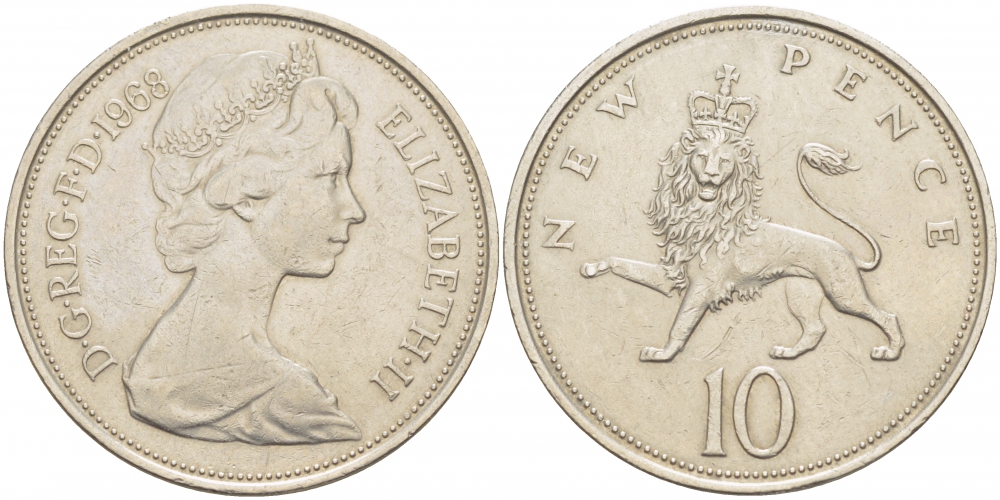 Великобритания 10 пенсов 1968 Елизавета II (1952-2022) KM 912, Spink 4231 (F1) медно-никель 4403-726