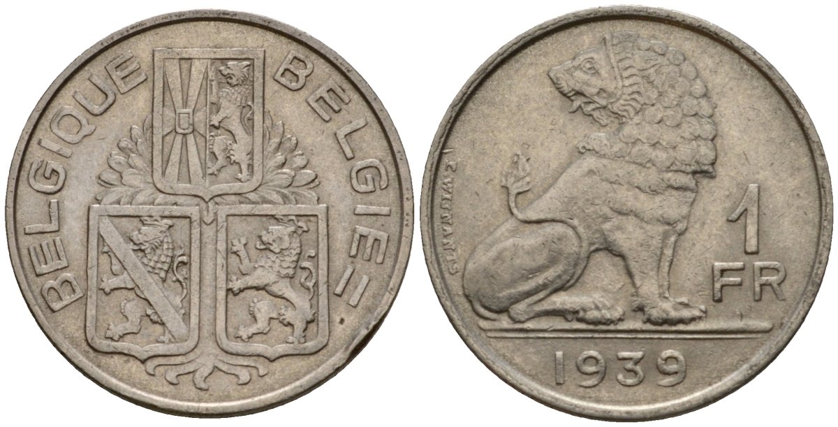 Бельгия 1 франк 1939 Belgique - Belgie KM 119 никель 4603-1227