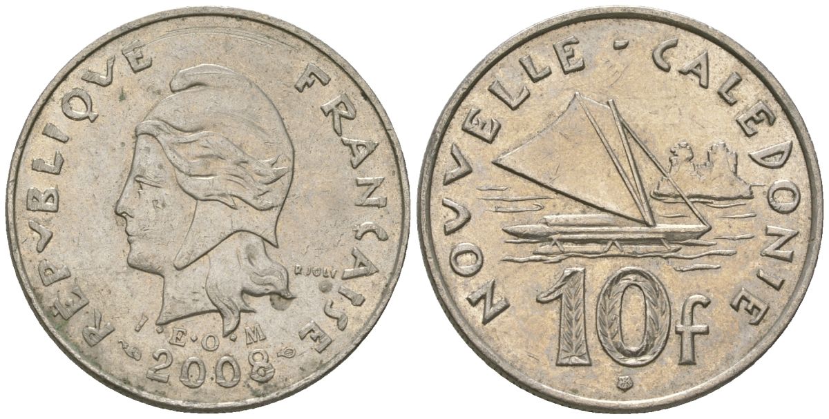 Французская Новая Каледония 10 франков 2008 рыбачья парусная лодка, (IEOM) KM 11a, Schoen 13a, Lec 99k медно-никель 60-723