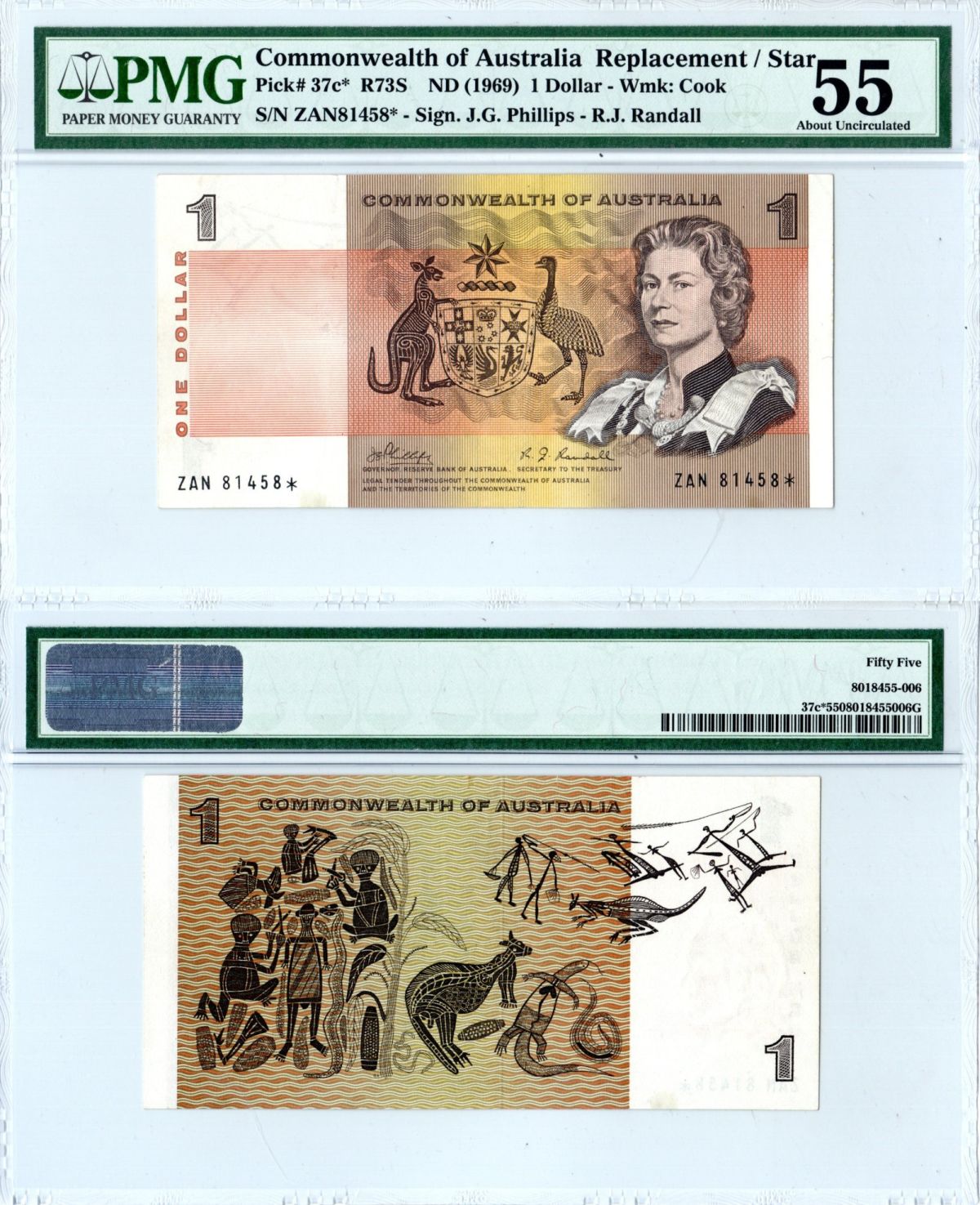 Австралия 1 доллар ND (1969) в холдере PMG 55, серия замещения ZAN Елизавета II (1952-2022), картины аборигенов Pick 37 c* бумага 10-3-05
