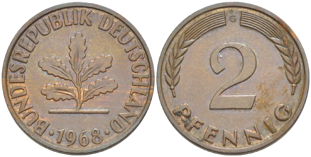 ФРГ 2 пфеннига 1968 G KM 106a, J.381a сталь плакированная медью 4181-755