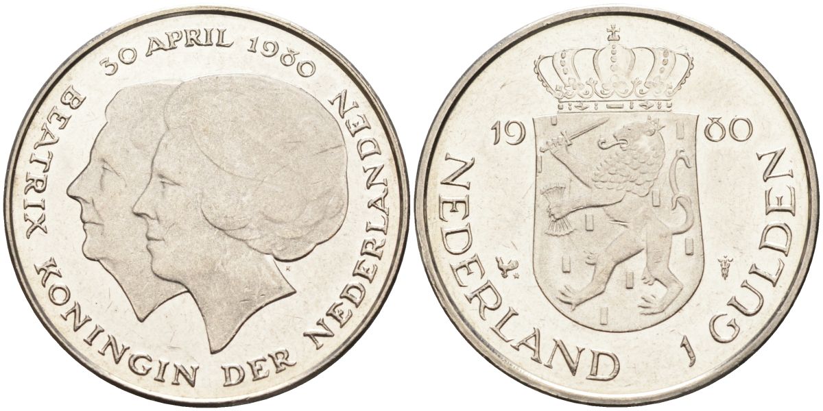 Нидерланды 1 гульден 1980 на коронацию Беатрикс, 30 апреля 1980 KM 200 никель UNC 4116-111