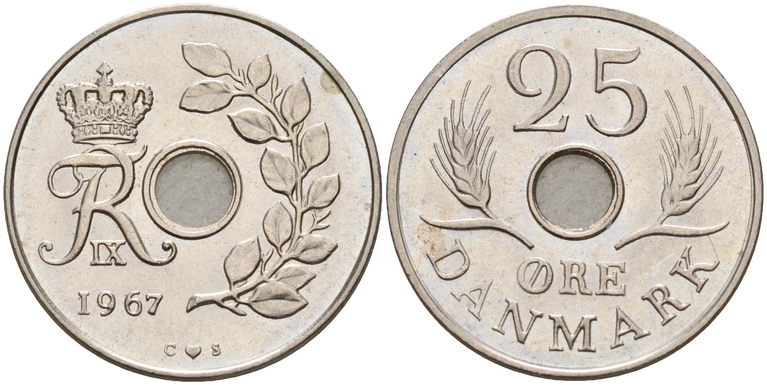 Дания 25 эре 1967 С; S, Фредерик IX (1947-1972) KM 855.1 медно-никель    4143-325