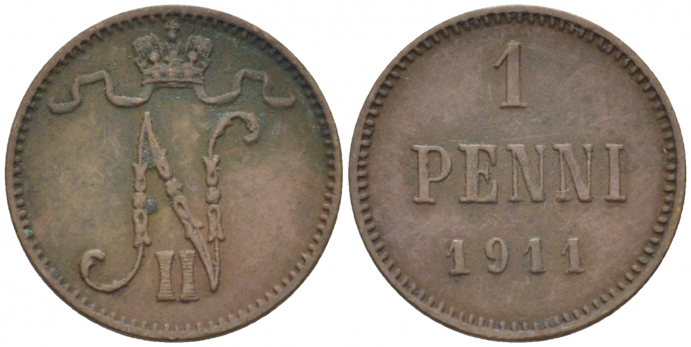 Россия для Финляндии 1 пенни 1911 Николай II (1894-1917) KM 13, Биткин 471 медь 4396-1343